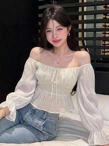 Joudiya 夏季秋季修身鏤空綁帶短版上衣 白色荷葉邊蕾絲長袖可愛女款襯衫 適合婚禮宴會派對度假 - 米色 - 查看 4