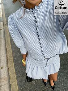 Siren Gaze Women's Colorblock Striped Button-Up Shirt And Ruffle Hem Skirt 2 Pieces Set - Blue and White - View 4