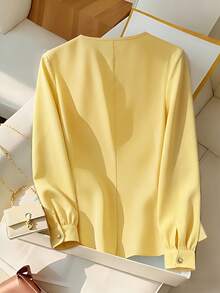 SHEIN Franclia French-Style Elegant Long-Sleeved Square-Neck Shirt, Light Yellow Summer Vacation Tea Break Shirt, Elegant Commuter Work Shirt - Light Yellow - View 2
