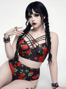 ROMWE Plus Size Rose Print Tankini Set Beach Party Black Summer Sexy Celestial Goth Halloween - Multicolor - View 3