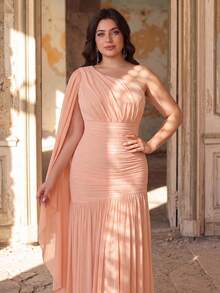 Aureia Plus Size Elegant Romantic Conservative One-Shoulder Pleated Ruched Waist A-Line Dress, Suitable For Evening Party, Single Party, Date, Ball, Vacation, Wedding, Bridesmaid - Orange - View 8