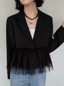 FRIFUL Women's Early Autumn New Korean Style Patchwork Sheer Mesh Pleated Blazer - Black - View 4