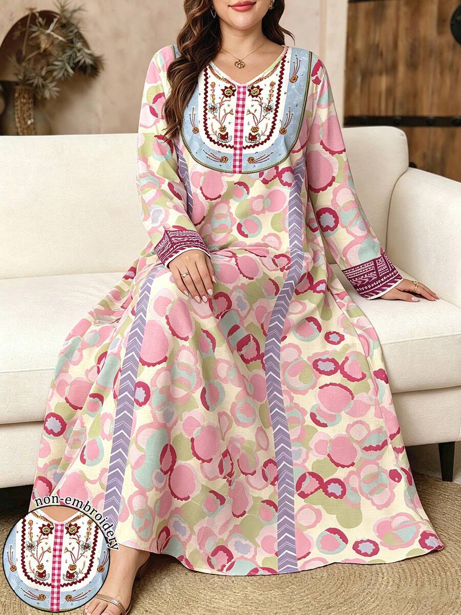 SHEIN Najma 花卉領蕾絲與幾何印花淺杏色大尺碼洋裝,女裝時尚V領長袖洋裝,優雅阿拉伯風服飾,春夏優雅長版最大洋裝 - 彩色 - 查看 1