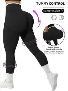 SHEIN Rhythm Era 女款大尺碼拼色高腰運動緊身褲 健身運動 黑色 夏季 - 黑色 - 查看 2
