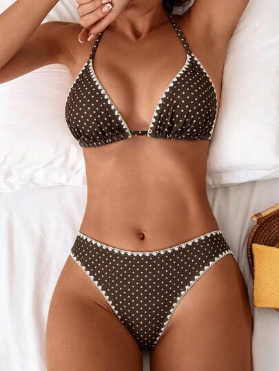Swim Vcay Women's Brown Polka Dot Print Thin Strap Scalloped Halter Bikini Set