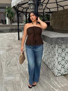 Firerie Top sexy de talla grande con espalda descubierta y cuello halter para vacaciones - Café integral - Ver 5