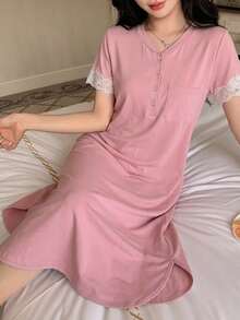 DAZY 女款蕾絲拼接居家休閒連身裙 夏季 - 粉色 - 查看 6