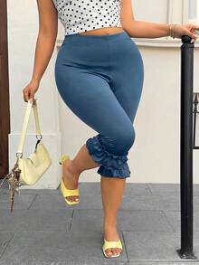 GalTyme Legging Panjang 3/4 Wanita Ukuran Plus Warna Biru Muda dengan Hiasan Ruffle di Bagian Bawah, Cocok untuk Hiking, Musim Panas, dan Kasual. - Dusty Blue - View 4