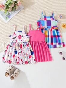 SHEIN 嬰幼兒(女童)洋裝，夏季新品，休閒可愛趣味風格，多件裝多色，無袖細肩帶修身貼身洋裝，滿版碎花印花搭配素色洋裝田園風，夏季多巴胺色系時尚可愛洋裝，柔軟舒適面料，日常時尚百搭風格，適合夏季度假、派對、聚會及其他場合，度假新品女童洋裝細節款，3件/包 - 彩色 - 查看 3