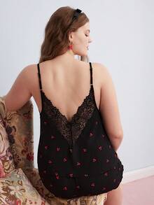 Elorette Plus Size Cherry Print Chiffon Lace Patchwork 2-Piece Set - Black - View 3