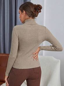 Selamara Áo len nữ cổ lọ gân đơn giản đa năng tay dài - Màu Khaki - Xem 2