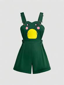 Sweetra Plus Size Cute Frog Print Casual Overalls - Olive Green - View 1