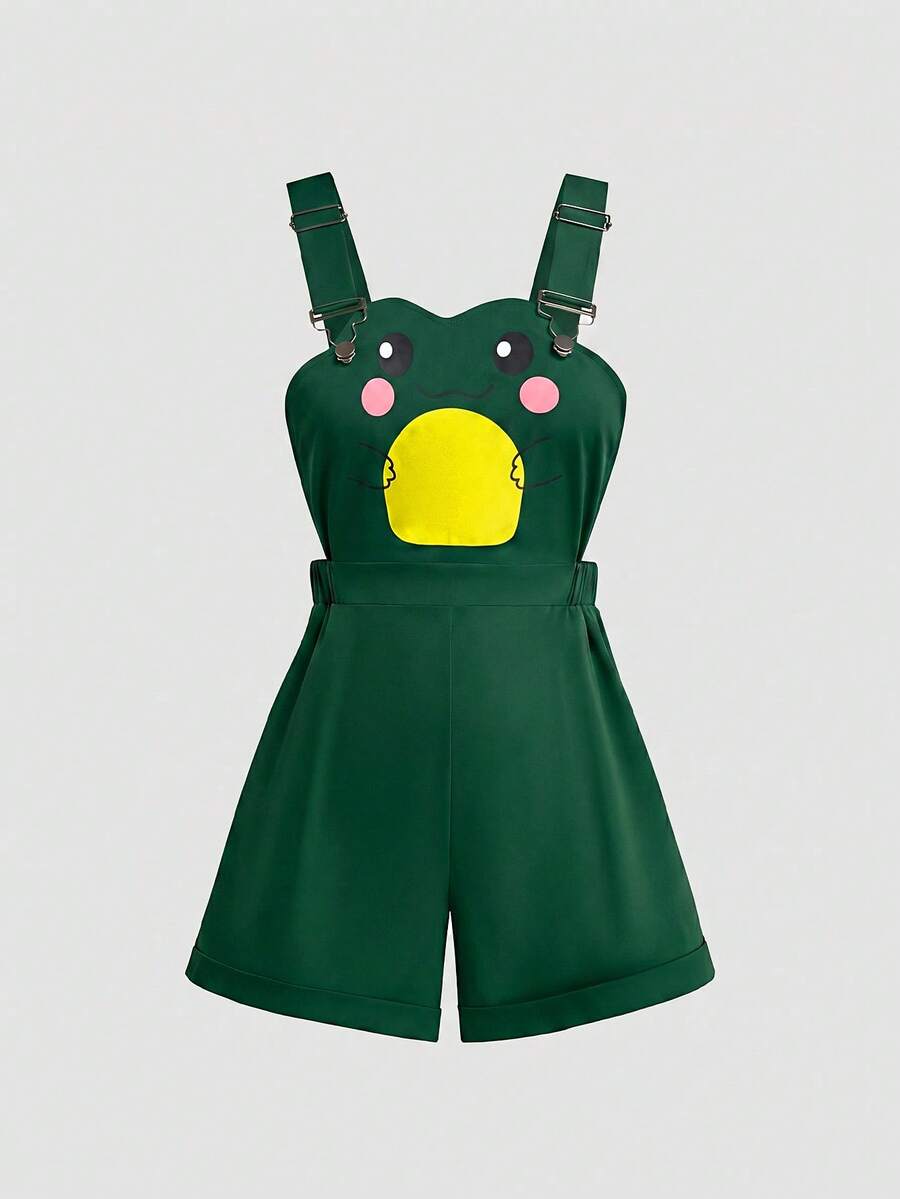 Sweetra Plus Size Cute Frog Print Casual Overalls - Olive Green - View 1
