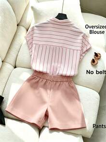 SHEIN Women's Striped Single-Breasted Top And Shorts Casual Daily Set - Pink - View 2
