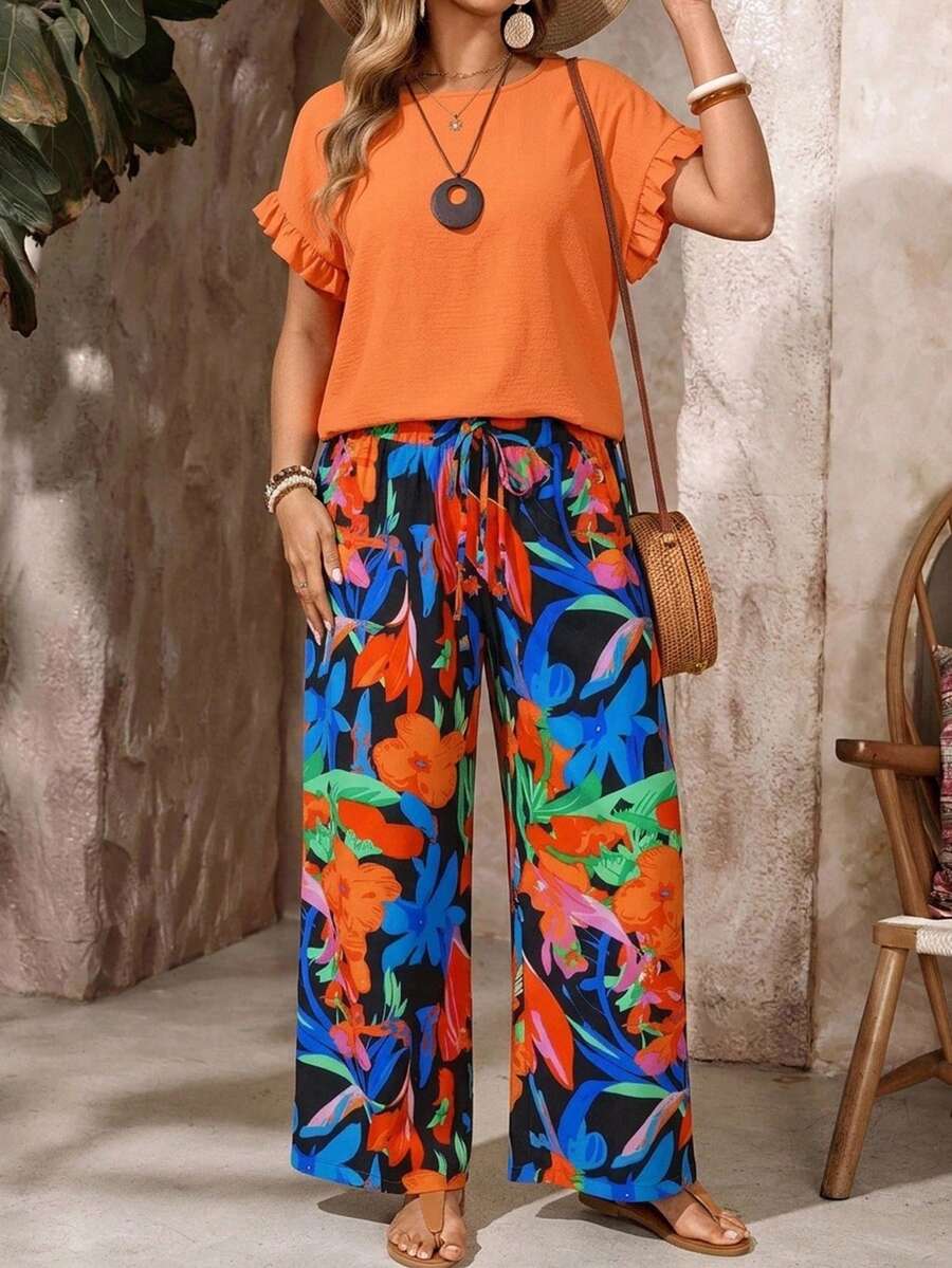 EMERY ROSE Plus Size Women's Spring/Summer Beach Vacation Solid Color Ruffle Sleeve Top And Botanical Print Wide Leg Pants 2-Piece Set Burnt Orange Black Boho - Multicolor - View 1