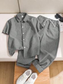 SHEIN LMoss Kids 兒童青少年男孩休閒寬鬆純色 Polo 衫與長褲 2 件套 - 灰色 - 查看 1