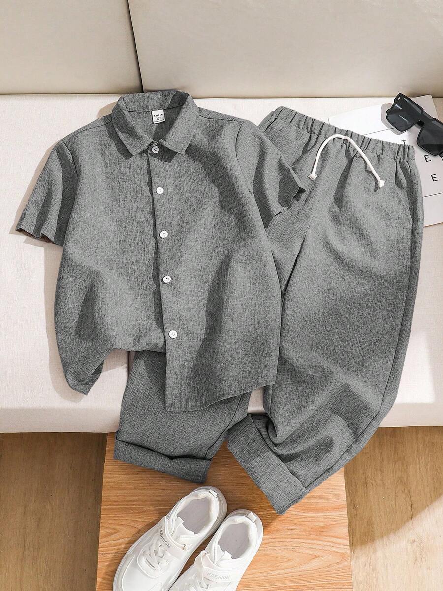 SHEIN LMoss Kids 兒童青少年男孩休閒寬鬆純色 Polo 衫與長褲 2 件套 - 灰色 - 查看 1