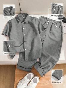SHEIN LMoss Kids 兒童青少年男孩休閒寬鬆純色 Polo 衫與長褲 2 件套 - 灰色 - 查看 3