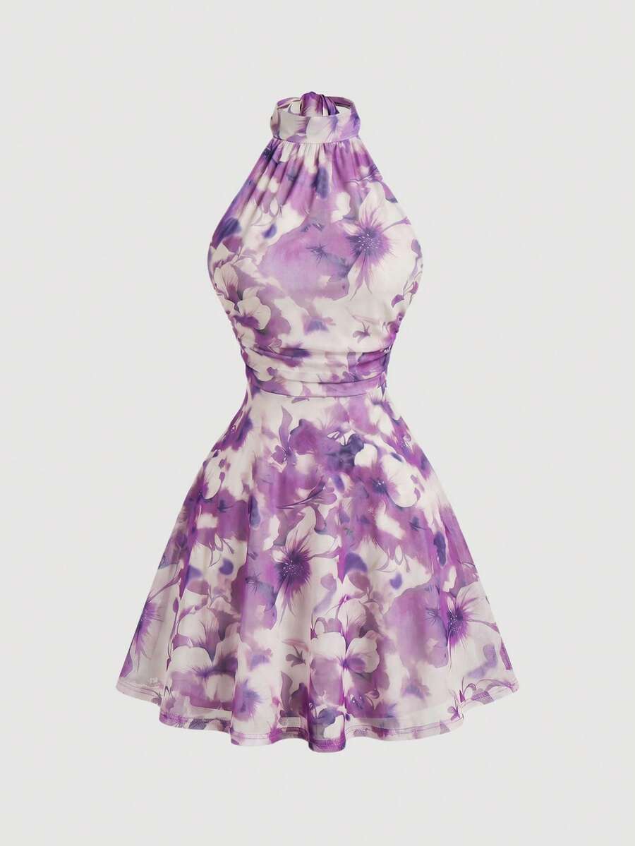 Skyraze Backless Bow Flowy Abstract Floral Mini Dress - Purple - View 1