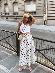 SHEIN PariChic Women's Summer Casual Polka Dot Midi Skirt, Elastic High Waist A-Line Flowy Skirt - Multicolor - View 4