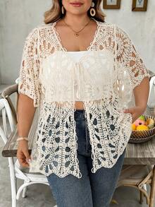 SHEIN CURVE+ Plus Size Women's Solid Color Tie-Front Casual Versatile Daily Outing Cardigan - White - View 5
