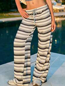 Fluxe Women Striped Loose Straight Leg Sweatpants Perfect Airport Outfit Suitable For Tennis Yoga Studio Pilates Daily Wear Cute Summer Outfits Festival Outfits Beach Outfits Sea Going Out Outfits Women's Gym Clothes Gym Female Gym Set Casual Sets Holiday Outfits Vacation Sportswear Workout Sets Brown Striped Pants - Apricot - View 3