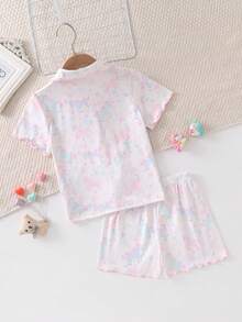 SHEIN 女童粉色甜美可愛短袖短褲舒適兩件式居家服套裝 - 彩色 - 查看 2