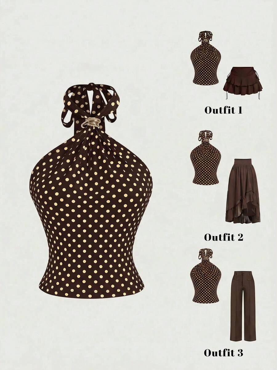 SHEIN MOD Women's Polka Dot Pattern Metal Decor Halter Neck Tank Top - Multicolor - View 1