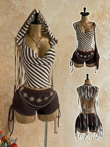 Soleia Top com Capuz, Barra com Babado, Design de Borla e Listras para Mulheres - Castanho - Visão 3