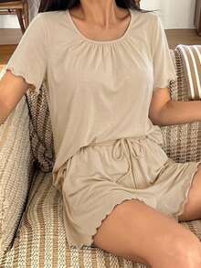 DAZY 2pcs/Set Solid Color Short Sleeve T-Shirt & Short Pajama Pants With Gathered Design, Overlock Wavy Edge, Summer Home Wear Outfit - Apricot - View 3