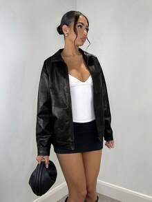 SHEIN BAE Long Sleeve Jacket Brown Faux Leather Mottled Texture Belted Hem Biker Jacket Vintage Distressed - Black - View 2