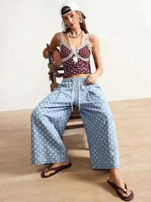 Bohemela Damen Jeans in Großen Größen mit Polka-Dot-Muster, Kordelzug an der Taille, Taschen und weitem Bein - Mittele Waschung - Übersicht 4