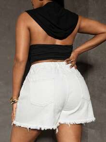 SHEIN PETITE CURVE 女款大尺碼夏季休閒做舊牛仔短褲 - 白色 - 查看 2