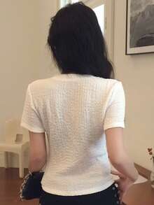 DAZY 女款純色圓領短袖休閒百搭T恤 夏季 - 白色 - 查看 4