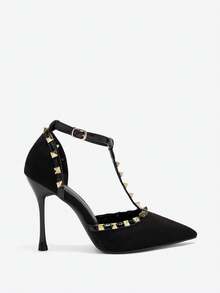 Eladyva Women's Black Studded T-Strap Stilettos - Ankle Buckle Pointed Toe Party Heels,Mothers Day Gift - Black - View 9