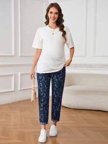 SHEIN Maternity Jacquard Denim Straight Leg Pants - Medium Wash - View 8