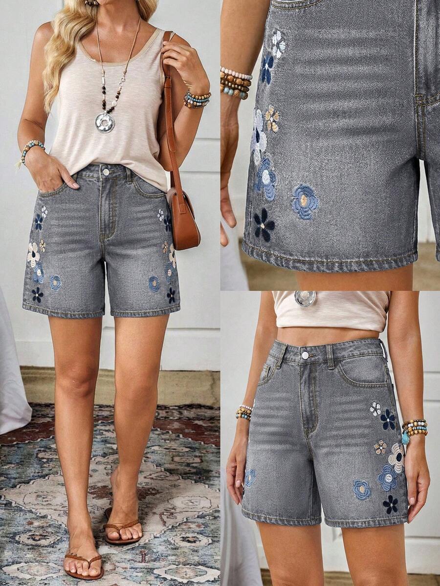 EMERY ROSE Women's Floral Embroidered Pocket Casual Versatile Denim Shorts - Grey - View 1