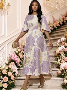 Fleurora Spring Summer Autumn Winter Elegant Formal Commuting Office Evening Party Wedding Cocktail Party Purple Scoop Neck Ball Gown Flared Plus Size Dresses - Purple - View 4