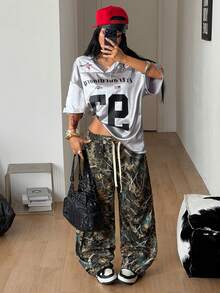 Coolane 女款春夏節慶外出街頭風復古透氣網眼數字圖案印花棒球球衣紅色球衣 - 銀色 - 查看 3