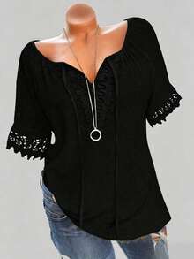 SHEIN LUNE Plus Size Women's Bow Tie Collar Patchwork Ruffle Trim Short Sleeve Blouse, Fashionable Elegant Sexy Soft Shoulder Revealing Summer Clothing - Black - View 1