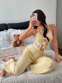 Napfluff Solid Color Slim Fit Contrast Lace Patchwork Half-Open Front Tie Strap Long Pants Women's Pajama Set - Yellow - View 5