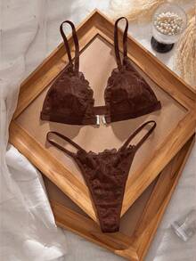 SHEIN 3SETS Sexy Lace Patchwork Front Closure Women's Lingerie Set - Coffee Brown - View 2