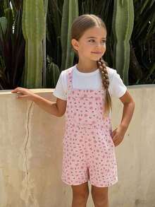 Hapijoa Sleeveless Ditsy Floral Overalls Casual Young Girls Denim Overalls And Jumpsuits - Pink - View 3