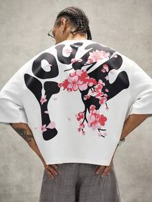 PAVTROS Camiseta de hombre joven estilo streetwear con estampado de flores de cerezo acolchado, para vacaciones - Blanco - Ver 3