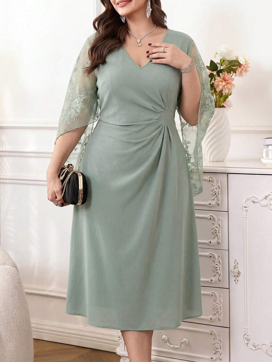 Reflora Plus Size Elegant Party Solid Color Lace Patchwork Dress - Green - View 1