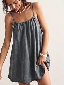 Bohemela Casual Boho Solid Color Knit Loose Washed Mini Dress For Women Beach Charcoal Gray Summer - Dark Grey - View 6