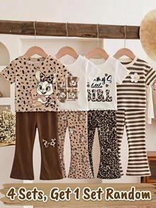 SHEIN 少女卡通兔子印花短袖T恤與喇叭褲套裝 - 彩色 - 查看 2