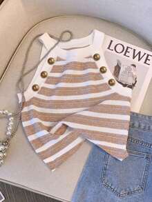 EMERY ROSE Women's Minimalist Button Decor Striped Halter Neck Tight Top, Summer - Brown - View 5