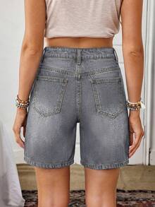 EMERY ROSE Women's Floral Embroidered Pocket Casual Versatile Denim Shorts - Grey - View 2