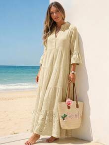 Sylviya Casual Women's Summer V-Neck Yellow Beach Dress - Apricot - View 1